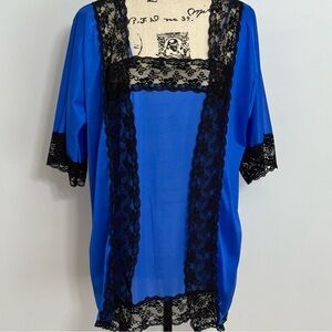 Royal Blue Nylon 2 Piece Set Black Lace Chemise Camil Nightgown & Robe Size M